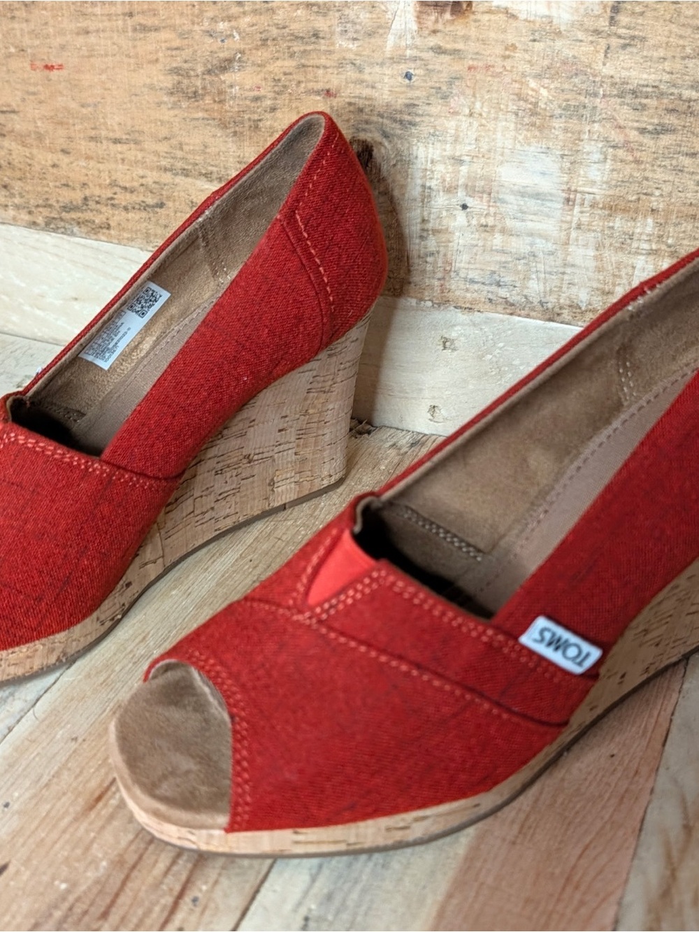 TOMS Red Open-Toe Cork Wedge Espadrilles